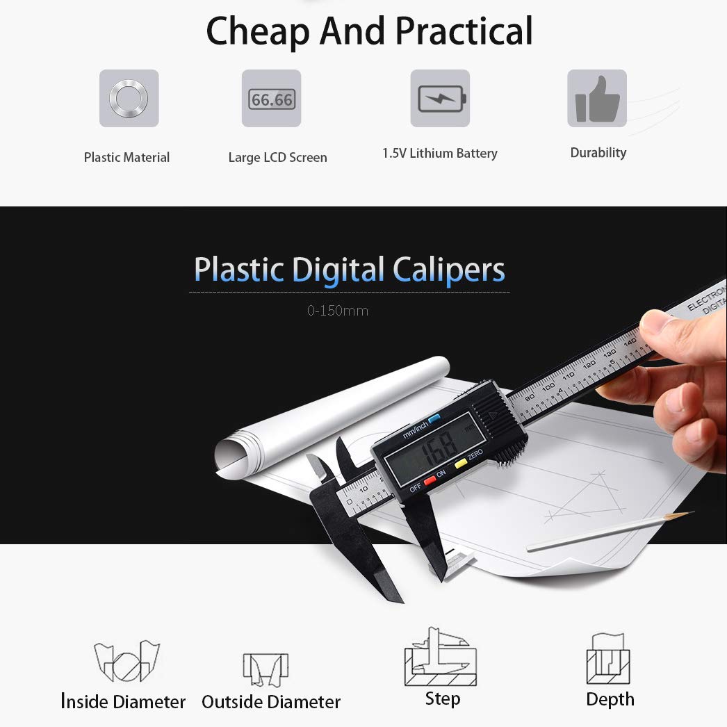 Simhevn Electronic Digital Calipers, inch and Millimeter Conversion,LCD Screen displays 0-6" Caliper Measuring Tool, Automatic Shutdown, Suitable for DIY/Jewelry Measurement (New150mm Black Plastic)