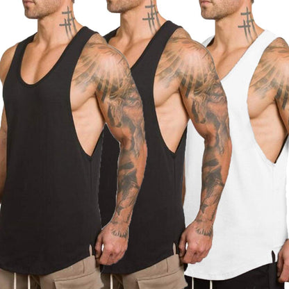 ZUEVI Men's 3 Pack Workout Tank Tops Cut Open Sides Bodybuilding Vest Gym Fitness Stringer T-Shirts(Black&Black&White-M)