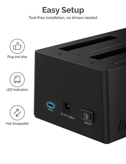 SABRENT USB Type C SATA 2.5” & 3.5” Dual Bay Hard Drive Docking Station | Offline Cloning | Up to 5Gbps | Tool Free Installation (EC-CH2B)