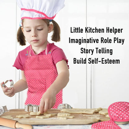 Acekid Chef Set for Kids,11pcs Kitchen Costume Role Play Kits, Girls Apron with Chef Hat,Cooking Mitt and Cookie Cutters (Rose red)