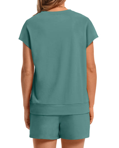 WIHOLL Two Piece Sets for Women Casual Lounge Sets Spring Summer Outfits Matching Clothing Rompers Women Clothing Business Casual Vacation Travel Outfits Crew Neck Tops Tracksuit Grey Blue 2025 M