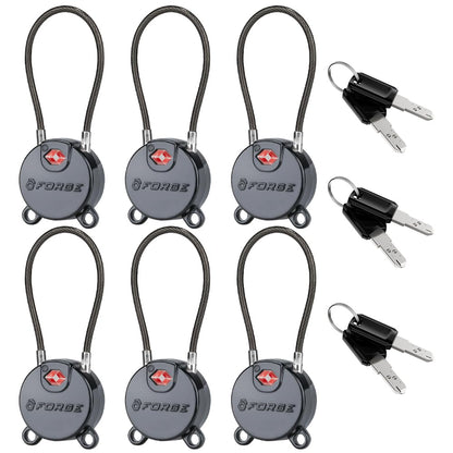 Forge TSA Approved Luggage Locks Ultra-Secure Dimple Key Cable Locks for Travel with Zinc Alloy Body- 6 Black Locks