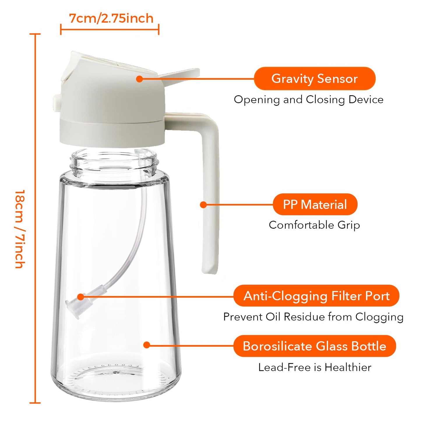 YARRAMATE 16oz/470ml Glass Olive Oil Sprayer for Cooking with Stickers, 2 in 1 Oil Dispenser for Kitchen Gadgets, Food Grade Premium Spray Bottle for Salad, Frying, BBQ (Creamy White)