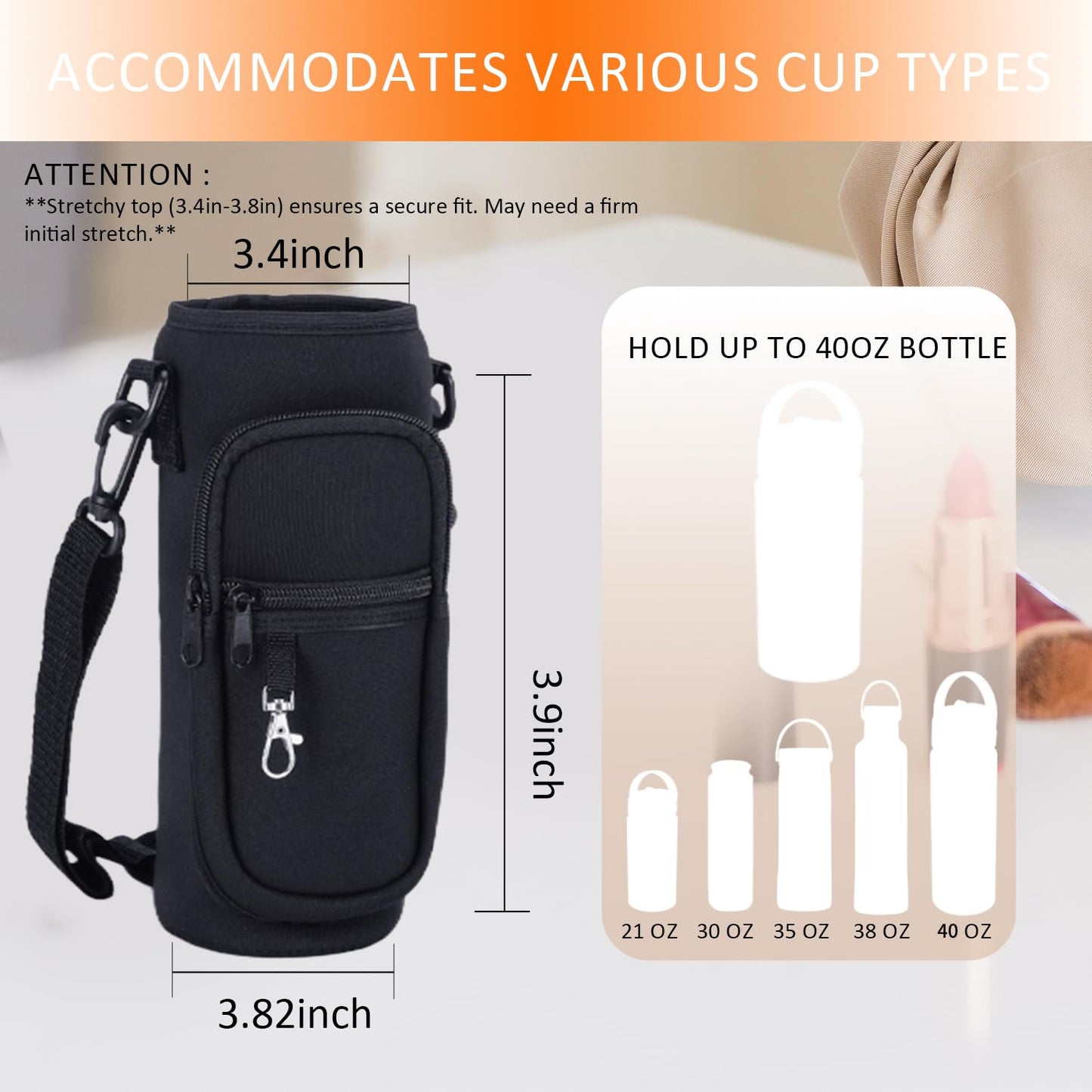 RRegeny Water Bottle Holder with Strap for Hydroflask 32oz 40oz, Carrier Sling Bag with Phone Pocket Sleeve for Men Women Hiking Camping Travelling（black24/32oz）