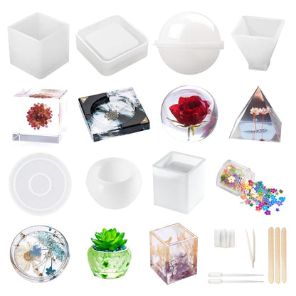 Resin Molds Silicone Kit 20Pcs,Epoxy Resin Molds Including Sphere,Cube,Pyramid,Square,Round, Used for Create Art,DIY,Coasters,Candles.Bonus Decorative Sequins and The Complete Set Tools