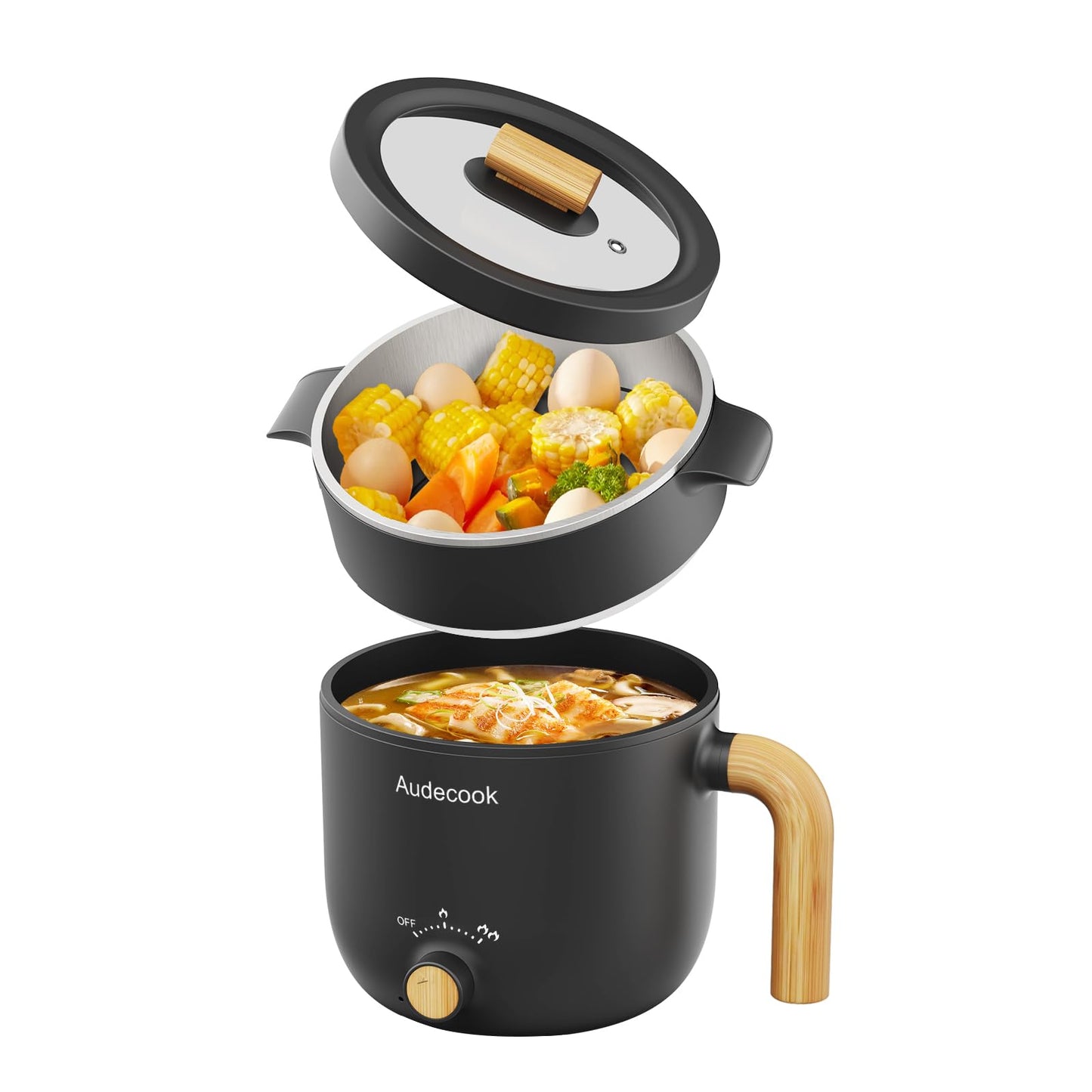 Audecook Hot Pot Electric with Steamer, 1.5L Portable Nonstick Rapid Noodles Cooker, Travel Electric Skillet with Dual Power Control for Pasta/Soup/Steak/Egg/Oatmeal(Black)
