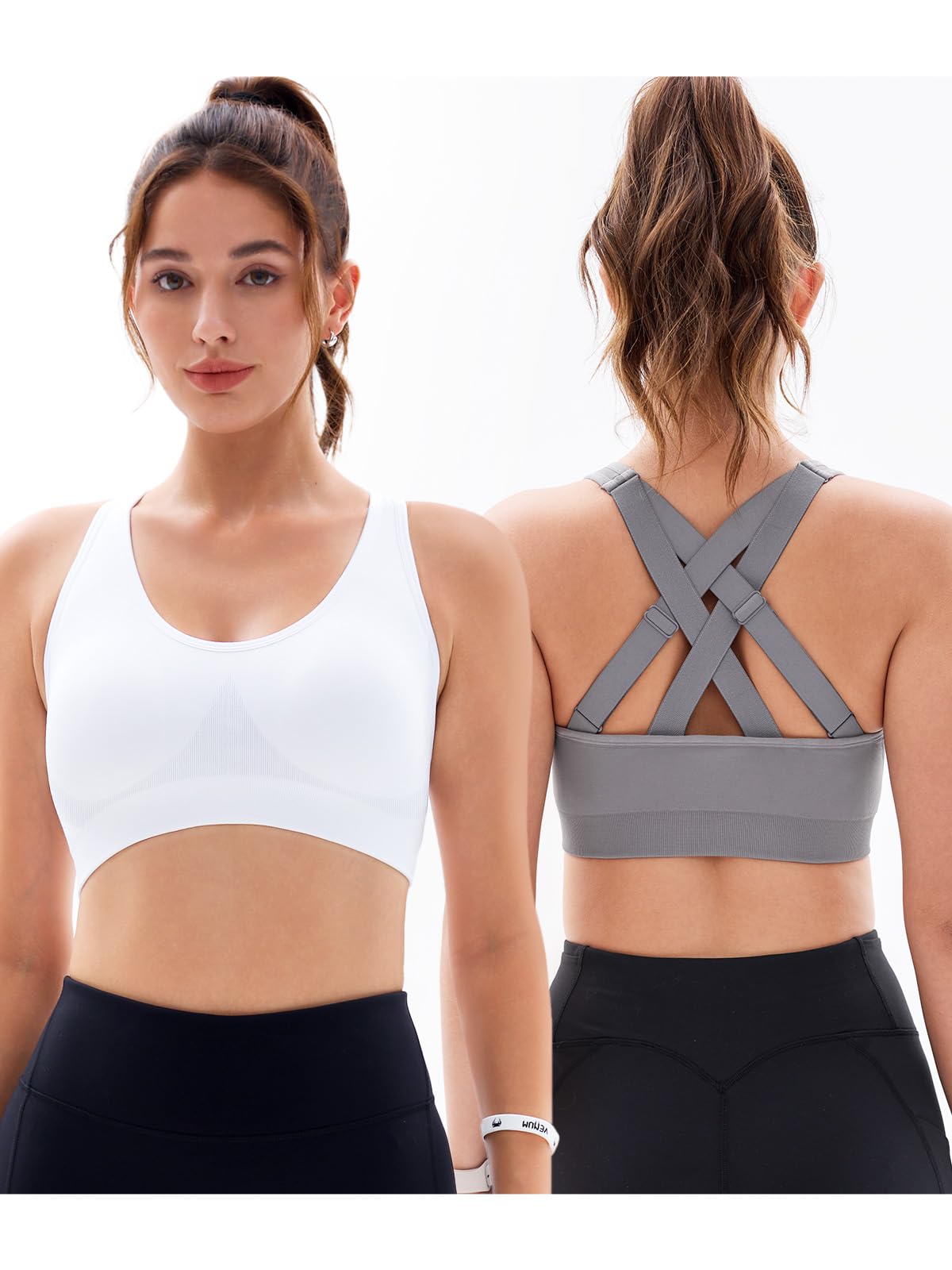 Sports Bras for Women High Support: Padded Workout Strappy Criss Cross Back Running Yoga Gym Seamless Medium Impact Push Up Crazy Girl Plus Size Bra 3 Pack Top Multipack Large Bust Breast White Black