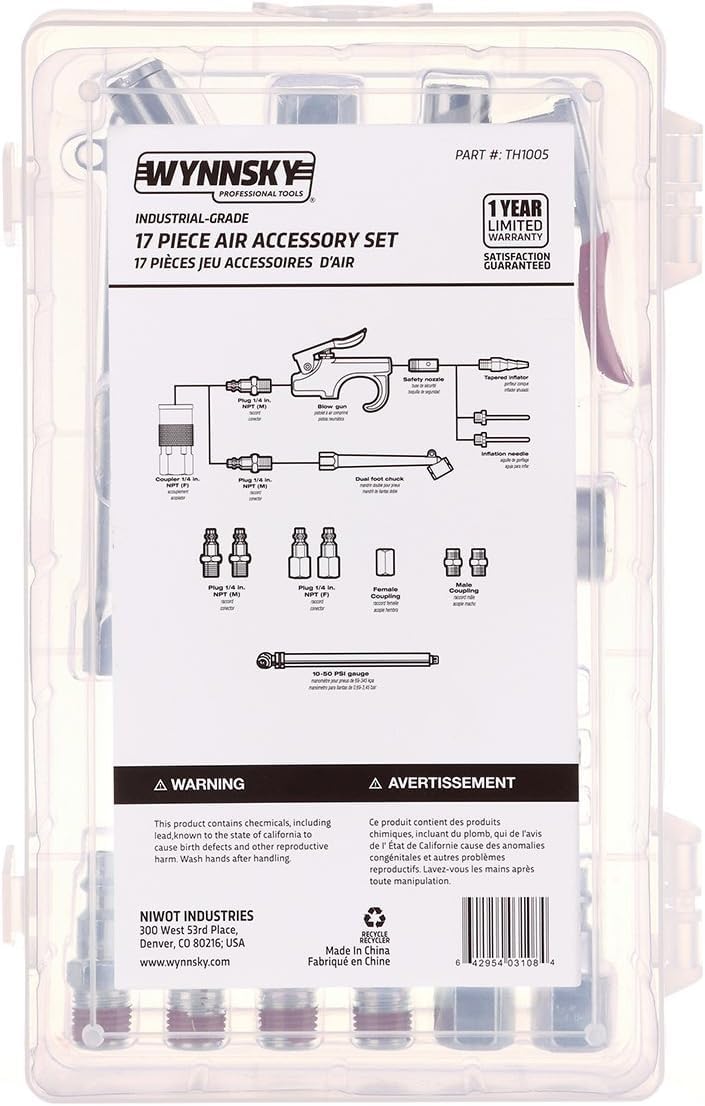 WYNNsky 17PCS Air Compressor Accessories Attachment Kit, 1/4’’ Air Hose Fittings, Blow Gun, Tire Gauge, Air Chuck