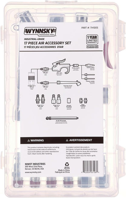 WYNNsky 17PCS Air Compressor Accessories Attachment Kit, 1/4’’ Air Hose Fittings, Blow Gun, Tire Gauge, Air Chuck