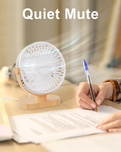 SWEETFULL Small USB Desk Fan 6.5 Inch, 3 Speeds Portable Personal Desktop Table Fan, Dual 360° Adjustment Mini Fan, Quiet Operation, for Home Office Car Outdoor Travel (White wood grain)