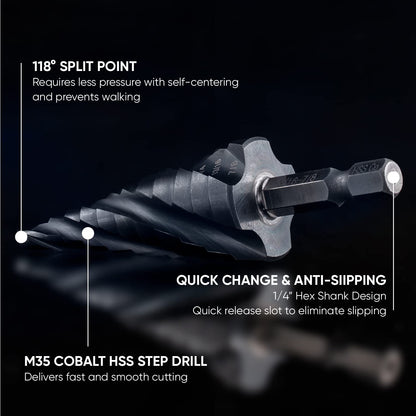 toolant Four Spiral Flute Cobalt Step Drill Bit(Pro), 3/16" - 7/8"(12 Step Size) Impact Ready Unibit Step Drill Bit, 1/4" Hex Shank Step Bit for Metal, Stainless Steel, Aluminum, Plastic