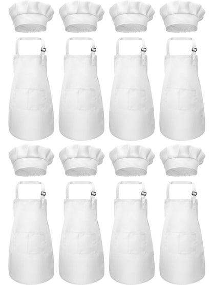 SATINIOR 8 Set Kids Apron and Chef Hat Set Kids Apron with 2 Pockets Adjustable for Boys Girl's Cooking Baking Painting