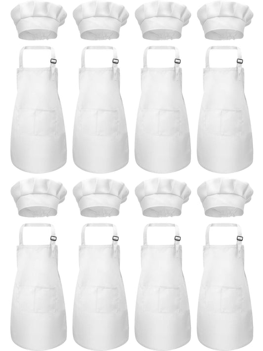 SATINIOR 8 Set Kids Apron and Chef Hat Set Kids Apron with 2 Pockets Adjustable for Boys Girl's Cooking Baking Painting