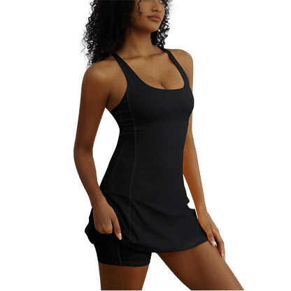 Tennis Dress for Women Workout Dress with Built-in Bra & Shorts Pockets for Athletic Exercise Golf, Black, M