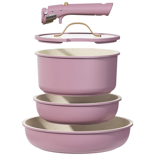 CAROTE 5pcs Pots and Pans Set, Nonstick Cookware Set Detachable Handle, Induction Kitchen Cookware Sets Non Stick with Removable Handle, RV Cookware Set, Gold and Purple