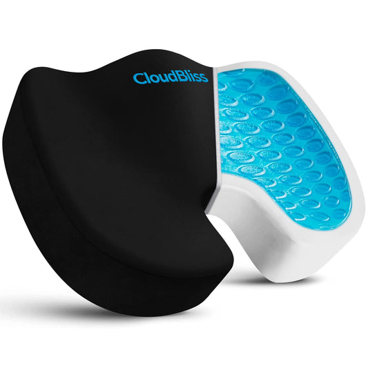 CloudBliss Gel Seat Cushion - Cooling Gel Enhanced Memory Foam Ergonomic Seat Cushion - Back, Sciatica, Coccyx, Tailbone Pain Relief for Office, Game, Car, Automotive, Airplane (Large, Black)
