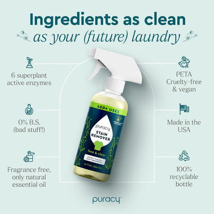 Puracy Stain Remover Spray, Natural Based Travel and Laundry Stain Cleaner for Clothes, Baby Essentials, Kids Stains, Oil and Fabric Spot Cleaner (Unscented, 12 oz)