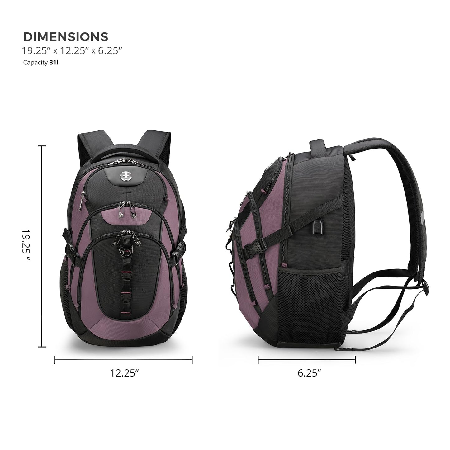 Swissdigital Design Laptop Backpack with USB Charging Port, TSA Travel Backpack Fits 15.6 inches Computer, 31L College School Backpack for Women, Light Purple/Black | SD803