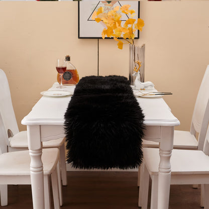Table Runner, Modern Black Thanksgiving Fur Table Runners for Christmas Wedding Party Holiday Birthday Home Farmhouse Dining Coffee Table Decor, Decoration Rug Bed Runner for Table