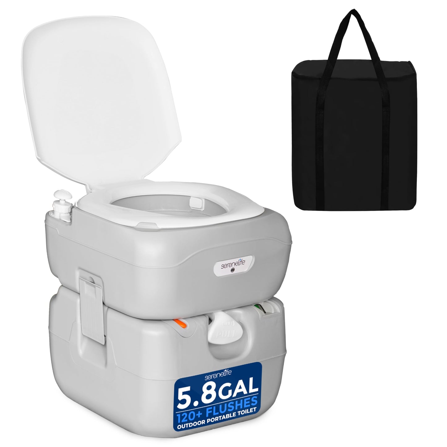 SereneLife 5.8 Gal Portable Toilet for Adults – Leak-Proof Camping Toilet with Detachable Waste Tank, Flush System, Level Indicator, Carry Bag & Hand Sprayer for RV, Tent, Hiking, Travel & Home Use