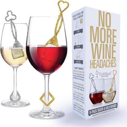 PureWine Silver & Gold Wand Filters Histamines and Sulfites - May Reduce and Alleviate Allergies & Sensitivities - Purifier Aerates to Restore Taste & Purity - Includes Wineglass Accessory
