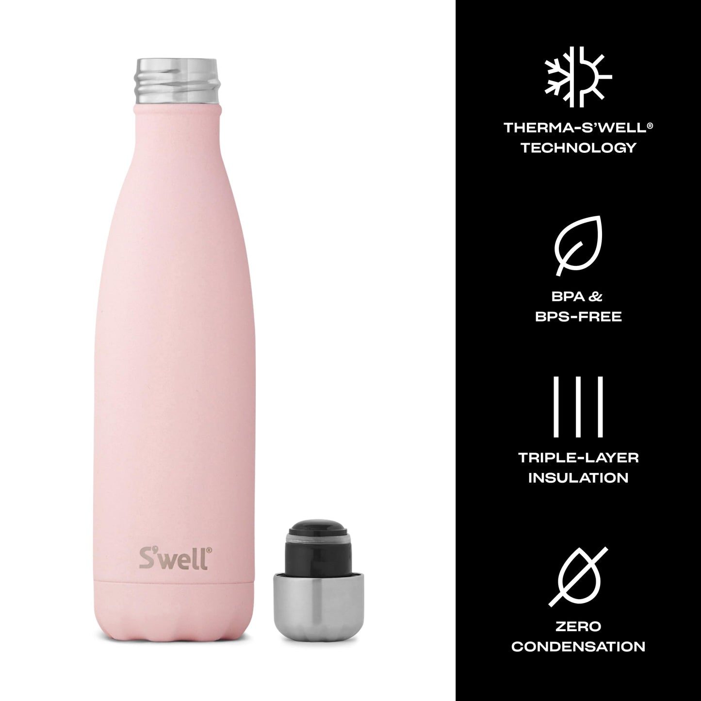 S'well Stainless Steel Water Bottle, 17oz, Pink Topaz, Triple Layered Vacuum Insulated Containers Keeps Drinks Cold for 36 Hours and Hot for 18, BPA Free, Perfect for On the Go