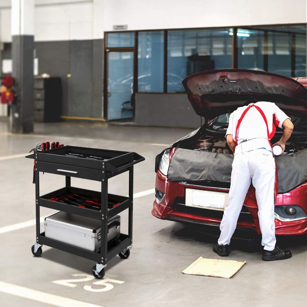 TUFFIOM 3 Tier Rolling Tool Cart with Drawer, Tool Service Cart on Wheels w/2 Brake, 330 LBS Capacity Industrial Heavy Duty Utility Cart, Tool Organizer for Mechanic, Garage, Warehouse & Repair Shop