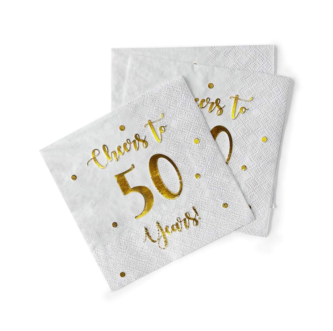 Cheers to 50 Years Cocktail Napkins | Happy 50th Birthday Decorations for Men and Women and Wedding Anniversary Party Decorations | 50-Pack 3-Ply Napkins | 5 x 5 inch folded (White)