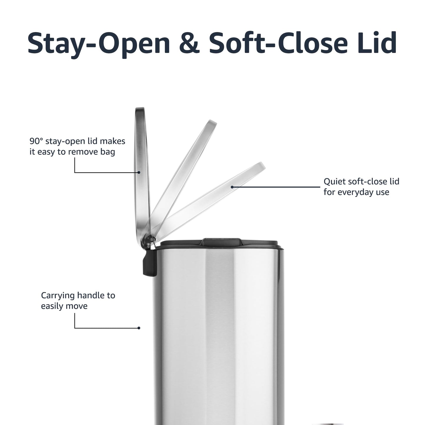 Amazon Basics Smudge Resistant Rectangular Trash Can With Soft-Close Foot Pedal, Brushed Stainless Steel, 50 Liter/13.2 Gallon, Satin Nickel Finish, 16.7"L x 14.7"W x 25.9"H