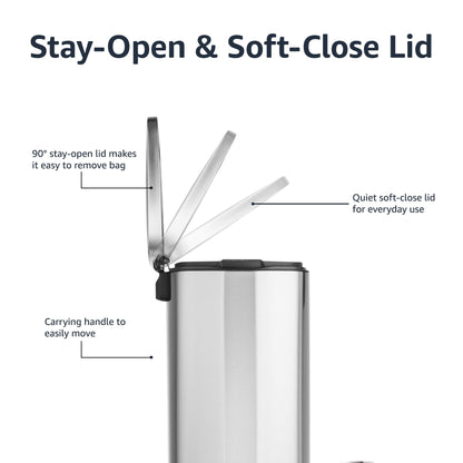 Amazon Basics Smudge Resistant Rectangular Trash Can With Soft-Close Foot Pedal, Brushed Stainless Steel, 50 Liter/13.2 Gallon, Satin Nickel Finish, 16.7"L x 14.7"W x 25.9"H