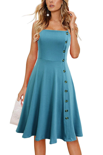 Sexy Sleeveless Knee Length Solid Cotton Fit and Flare Summer Wedding Party Button Down Light Blue Sundress