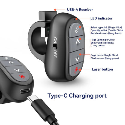 Presentation Clicker Wireless Presenter Remote: USB Rechargeable Finger Ring Clicker for PowerPoint Presentations, PowerPoint Clicker with Laser Pointer, Multi-OS Compatible