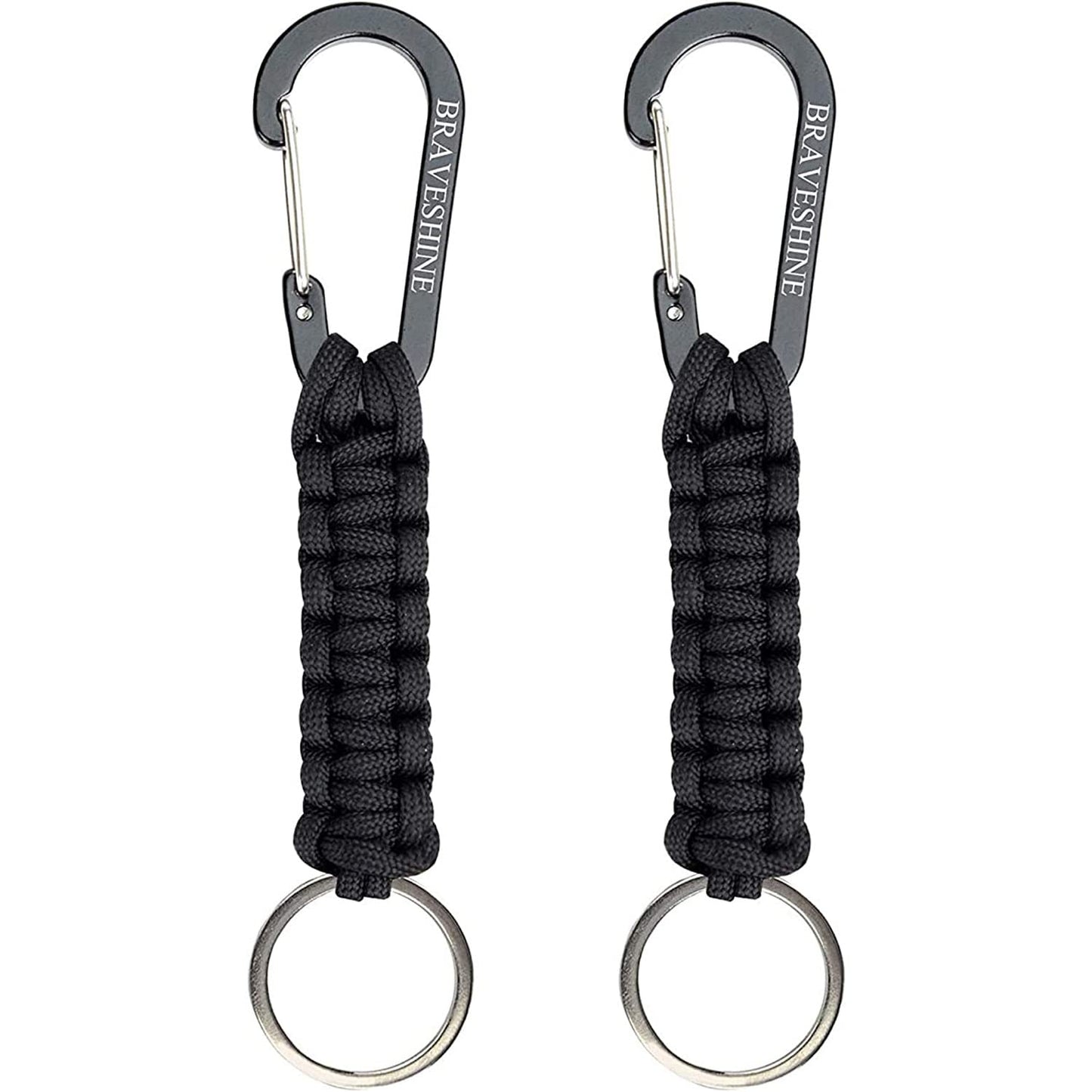 BRAVESHINE Keychain Hook with Paracord Strap 2 Pack Black Metal Key Ring Carabiner Hanger Para Cord D Locking Keyring Clip for Keys, Backpacks, Boys, Girls, Men, Women, Camping, Hiking, Travailing