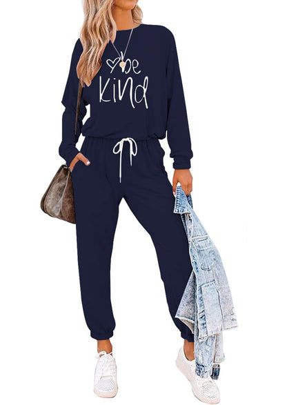 PRETTYGARDEN Women Fall 2 Piece Lounge Outfit Long Sleeve Tops High Waisted Jogger Pants Set Spring Travel Clothes Tracksuit (Patterned-navy,Medium)