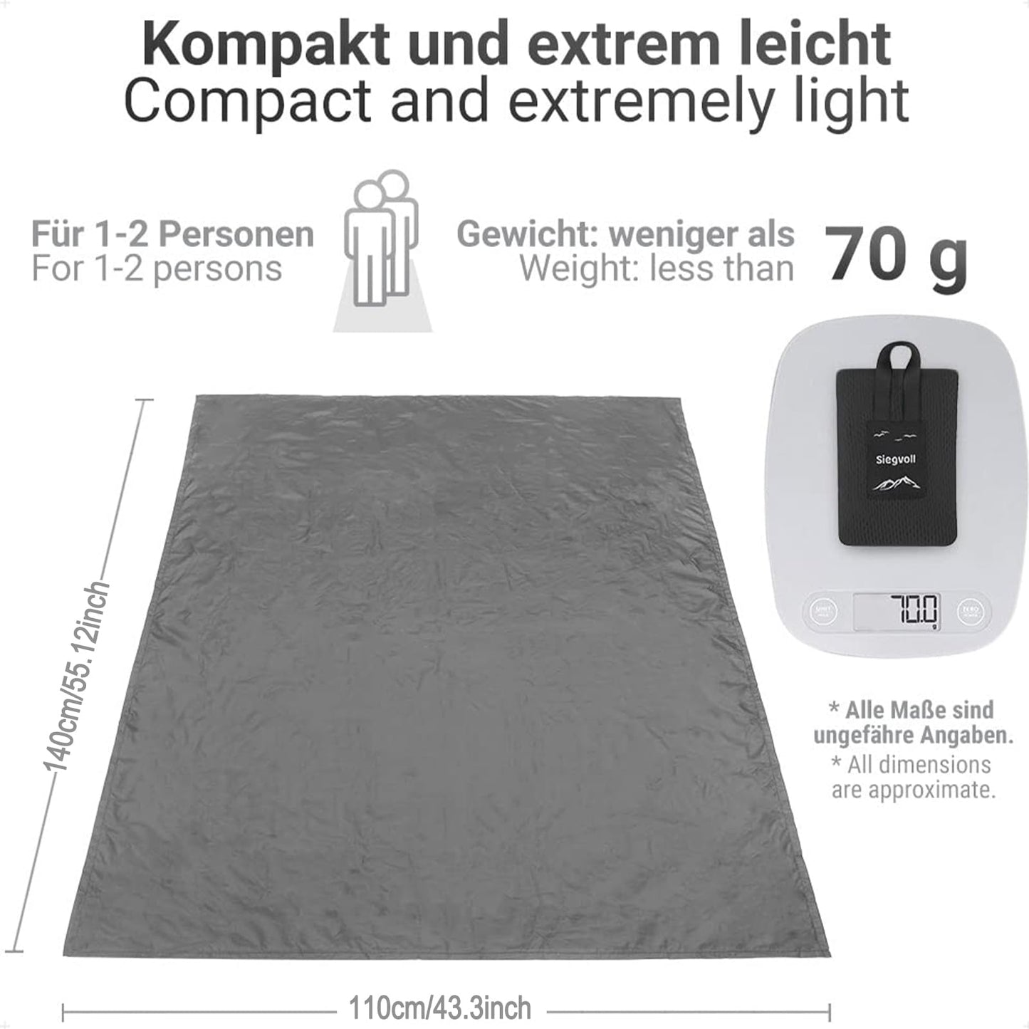 Siegvoll Pocket Picnic Blanket for 1-2 Persons, 43.3x55.12″ Sand Free Beach Blanket, SandProof Waterproof Foldable Beach Mat, Lightweight Picnic Mat for Outdoor Hiking Camping Travel(Gray)