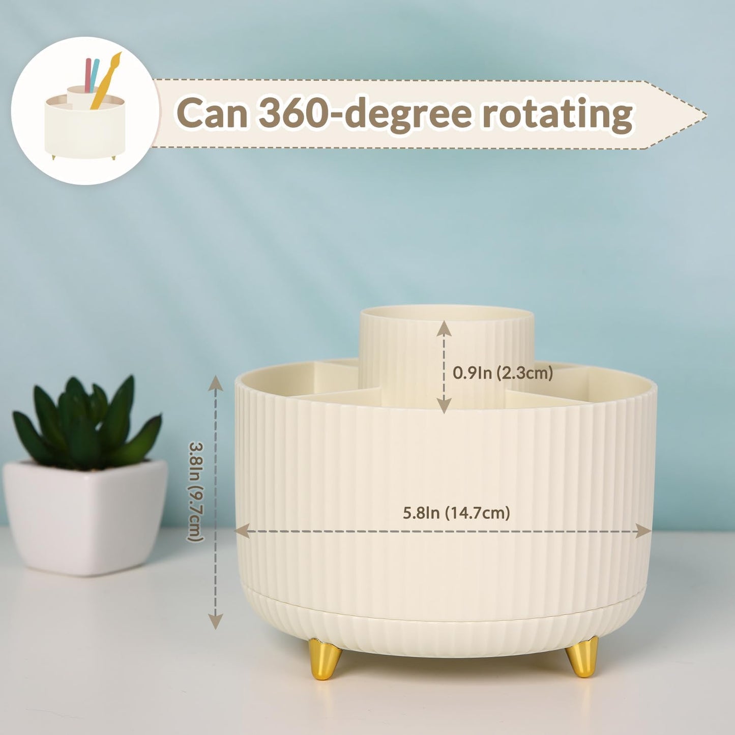 SKYDUE 360 Rotating Plastic Desk Pen Organizer with 5 Slots, Dual-Purpose Art Supply Pencil Cup for Office, School, Home