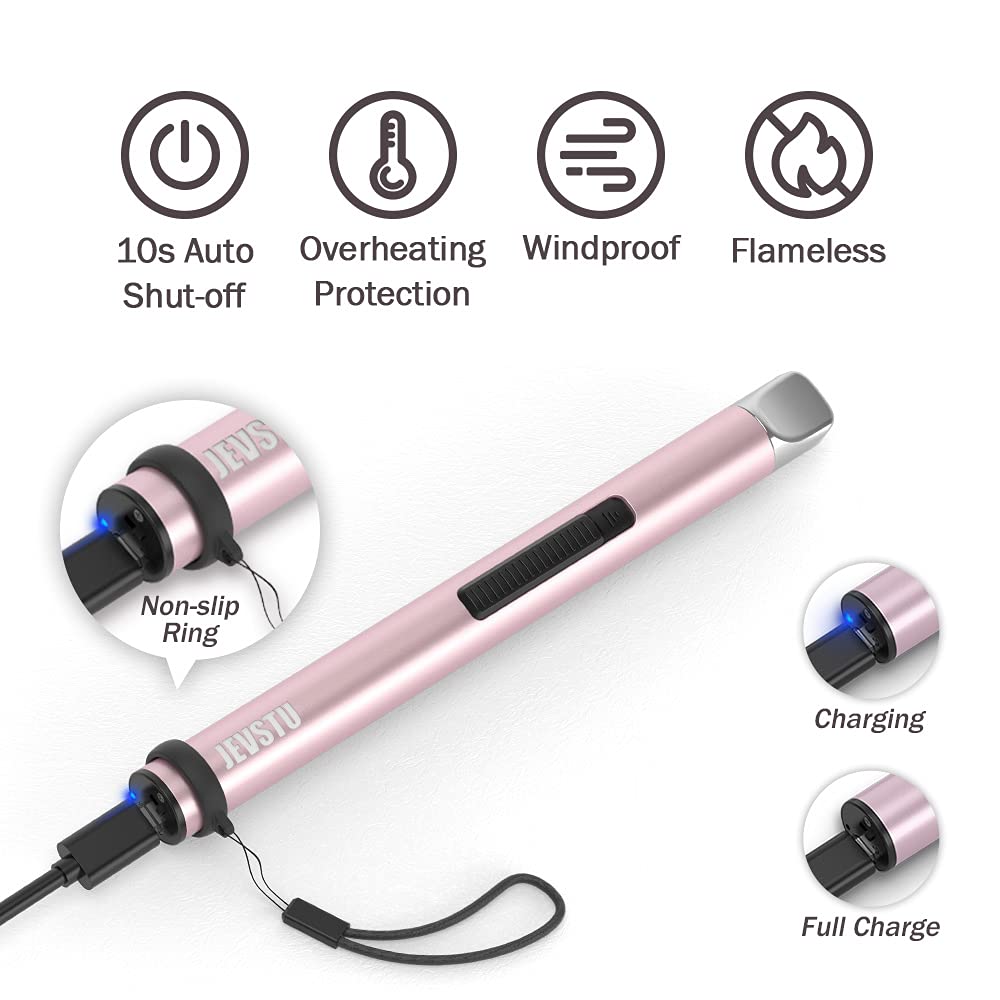 Electric Candle Lighter - Rechargeable USB Arc Windproof Flameless Plasma Lighter With Long Stick, Rope and Ring - No Butane Fluid - Perfect for BBQ, Camping, Kitchen Stove - Pink