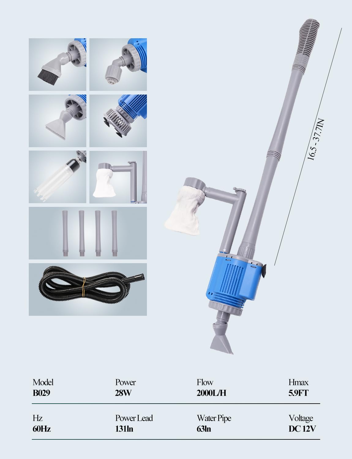 boxtech Upgraded Electric Aquarium Cleaner, 12V DC/28W Auto Fish Tank Gravel Cleaning kit 6 in 1 Change Water and Wash Sand Filter for Aquarium 10-200 Gallon