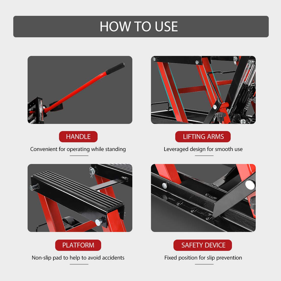 VIVOHOME Hydraulic Motorcycle Lift Jack 1500 LBS Capacity Steel ATV Lifts Stand Hoist with Wheels and Handle for Motorcycles, ATVs, Dirt Bikes Red