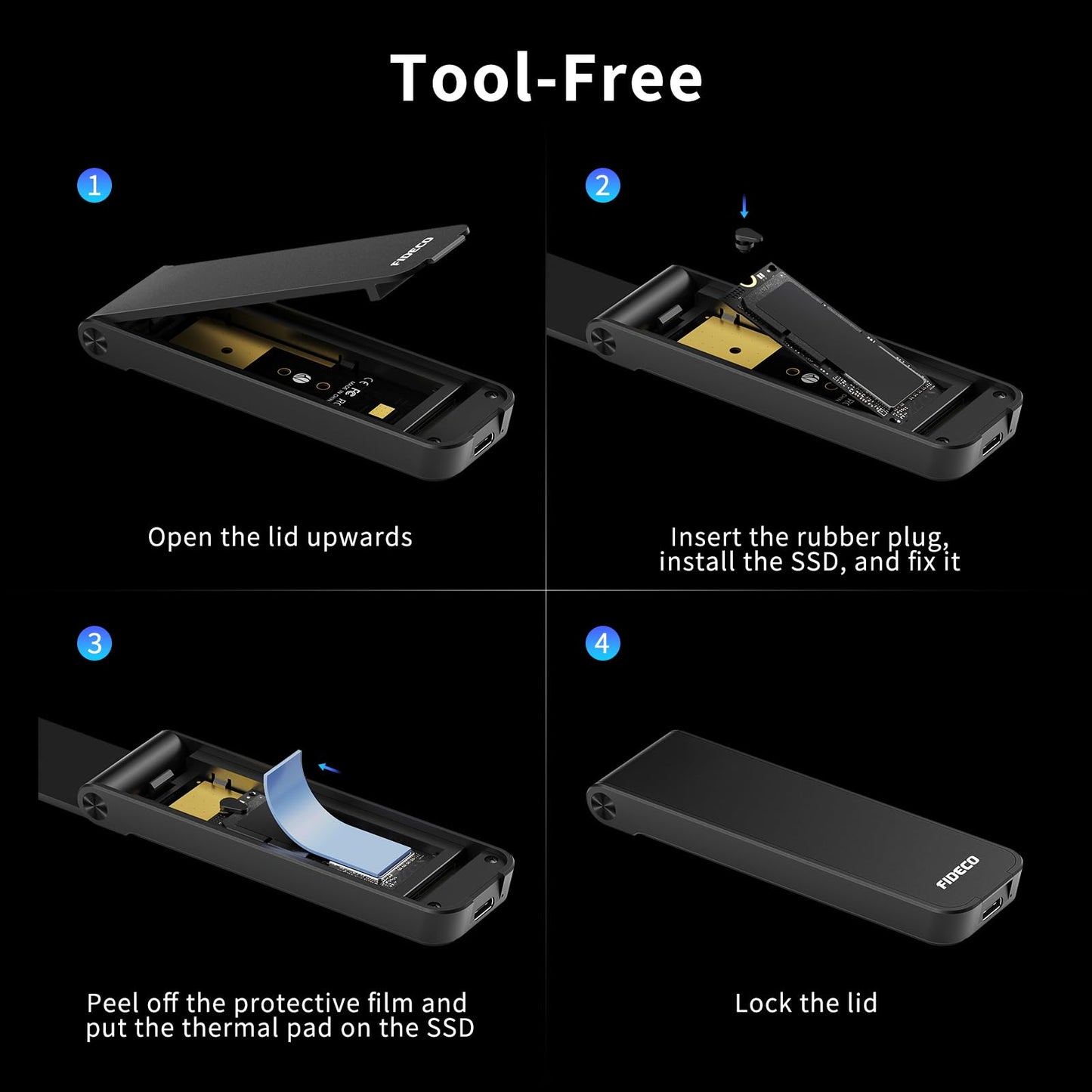 FIDECO M.2 NVMe SSD Enclosure, M.2 NVMe to USB Adapter, USB 3.2 Gen 2 (10Gbps) SSD Reader for M & M+B Key, Sandwich Style Design, Tool-Free Installation, Support UASP and Trim