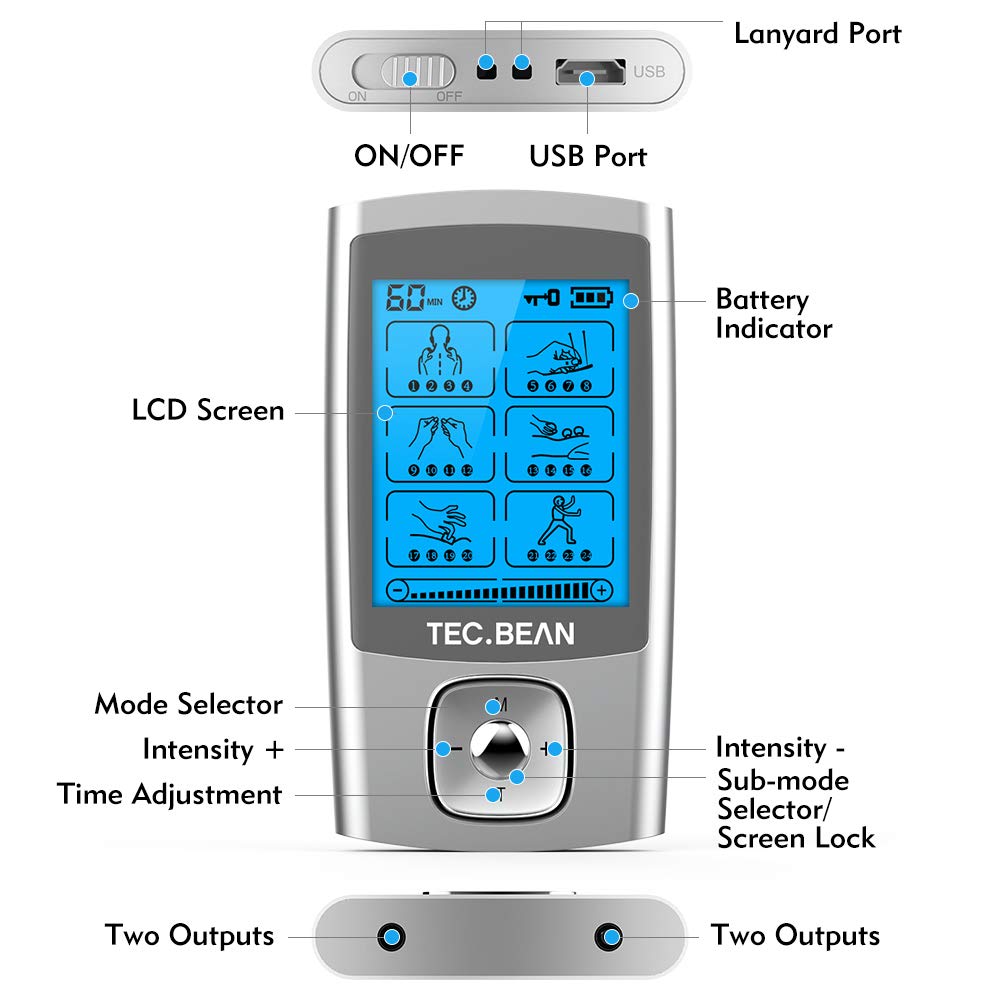 TEC.BEAN 24 Modes Tens Unit Muscle Stimulator, Rechargeable Tens Machine with 8 Electrode Pads (American Gel), Electric Pulse Massager for Pain Relief Therapy(Silver)