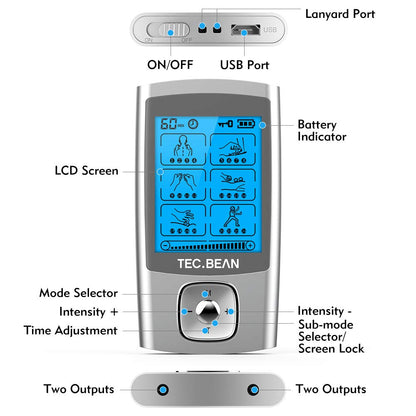 TEC.BEAN 24 Modes Tens Unit Muscle Stimulator, Rechargeable Tens Machine with 8 Electrode Pads (American Gel), Electric Pulse Massager for Pain Relief Therapy(Silver)