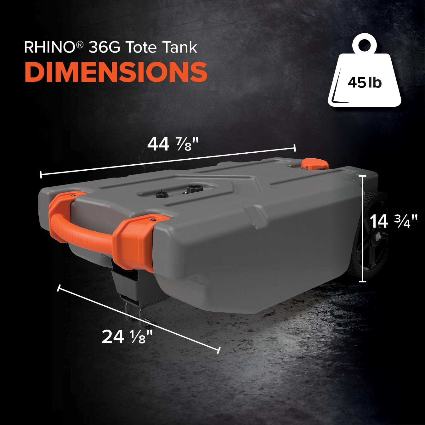 Camco Rhino 36-Gallon Camper/RV Tote Tank - Features Large Heavy-Duty No-Flat Wheels & Built-In Gate Valve - Removable Steel Tow Adapter, 3’ Sewer Hose & More RV Accessories (39006)