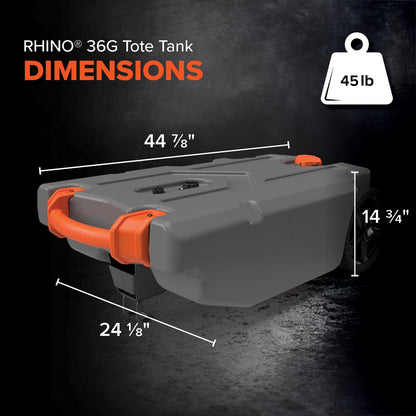 Camco Rhino 36-Gallon Camper/RV Tote Tank - Features Large Heavy-Duty No-Flat Wheels & Built-In Gate Valve - Removable Steel Tow Adapter, 3’ Sewer Hose & More RV Accessories (39006)