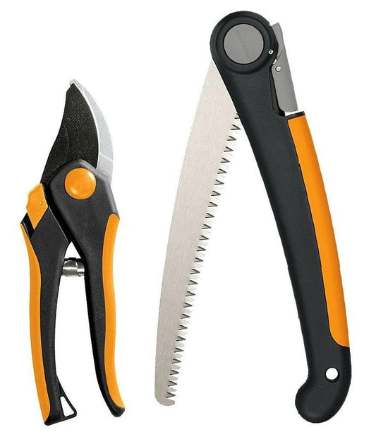 Fiskars Folding Saw and Pruner Set, Garden Clippers, Gardening Scissors with Sharp, Rust Resistant Steel Blade with Folding Pruner Saw with Power Tooth Saw Blade