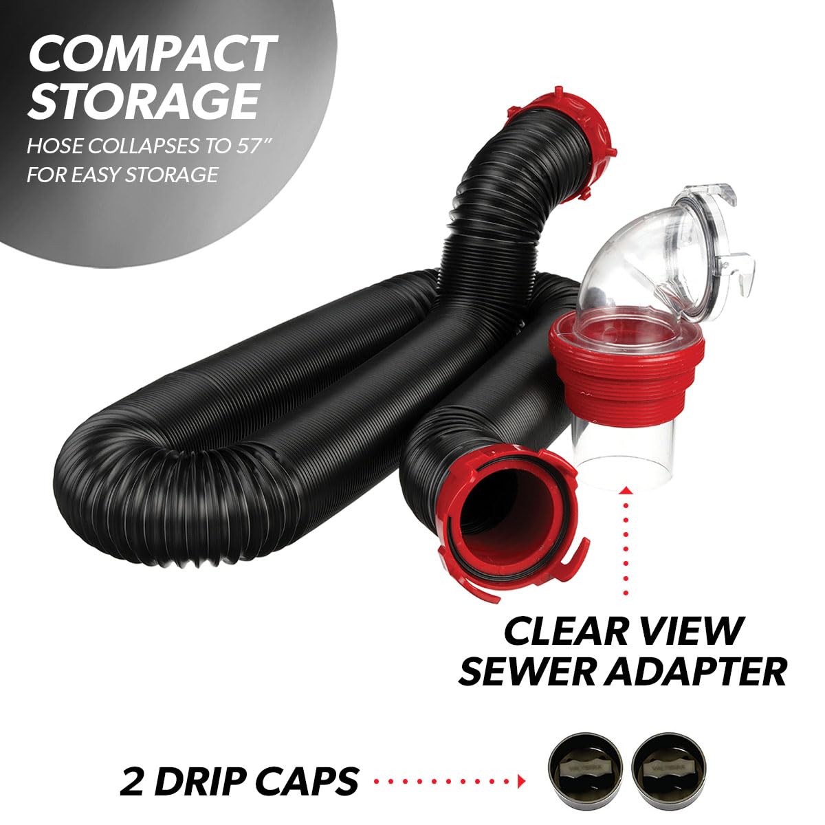 Valterra 15-Foot Dominator RV Sewer Hose Kit, Universal Sewer Hose for RV Camper, Includes 15-Foot Hose with Rotating Fittings, 90 Degree ClearView Sewer Adapter, and 2 Drip Caps
