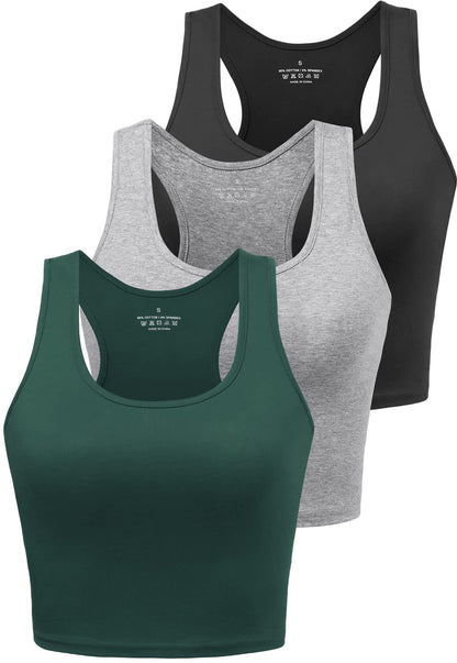 Workout Crop Tops for Women Tank Top Cropped Athletic Shirt Racerback Tanks Sleeveless Undershirt Fitted Summer Tops Gym Exercise Clothes Work Out Running Activewear 3 Pack Black/Grey/Emerald Green L