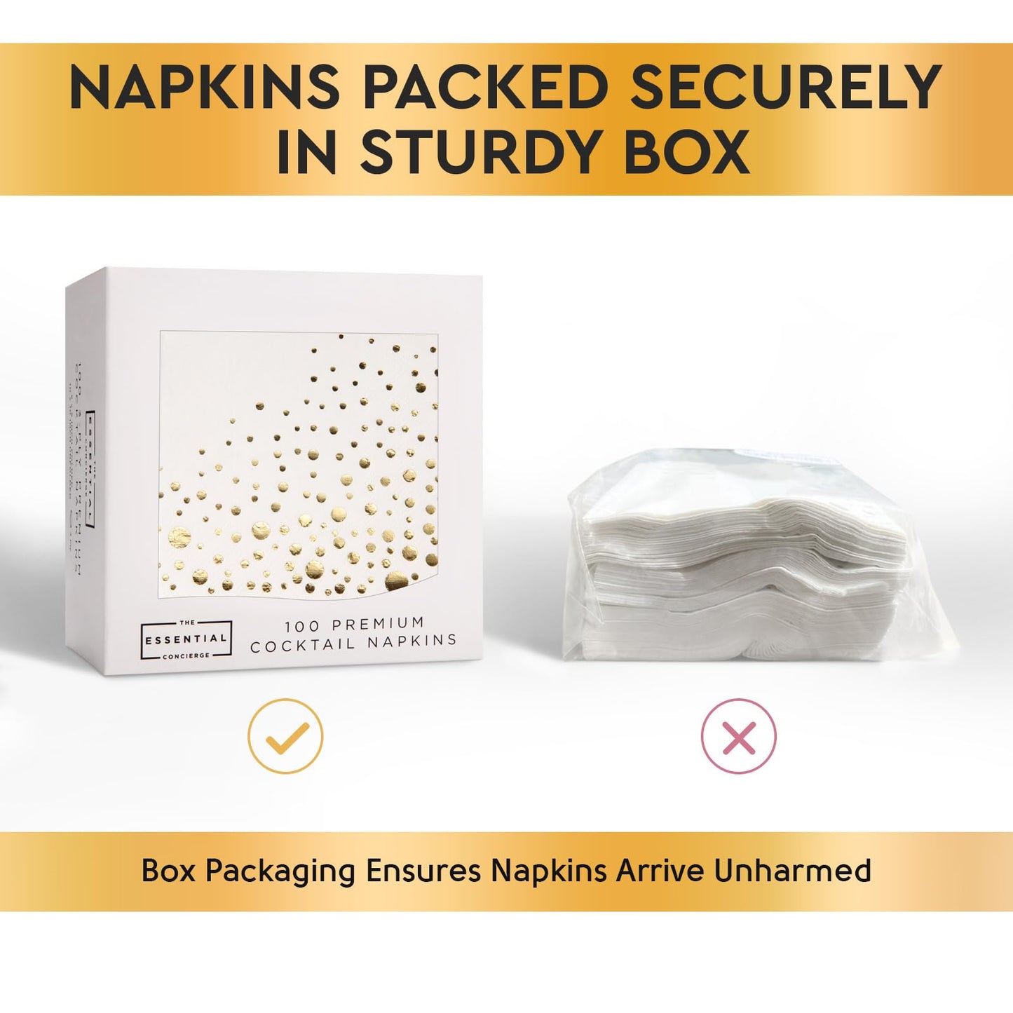 Stylish Gold Cocktail Napkins, 100 Disposable Party Napkins, Gold Dessert Napkins, 3-Ply, 5x5 Inch White and Gold Napkins, Disposable Wedding Cocktail Napkins, Party, Shower or Gold Beverage Napkins