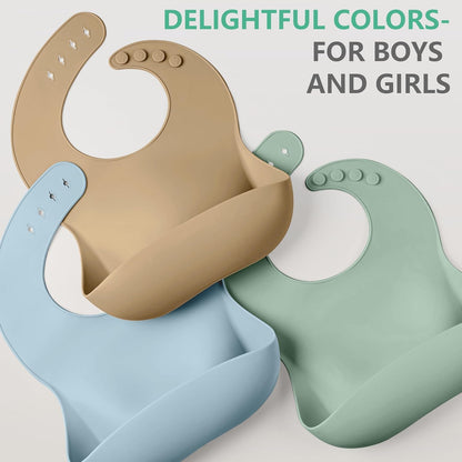 Cuddle Campus Set of 3 Silicone Bibs for Babies & Toddlers,Soft Adjustable Bibs with Pocket Food Catcher for Baby Girl,Boy(Set 1)