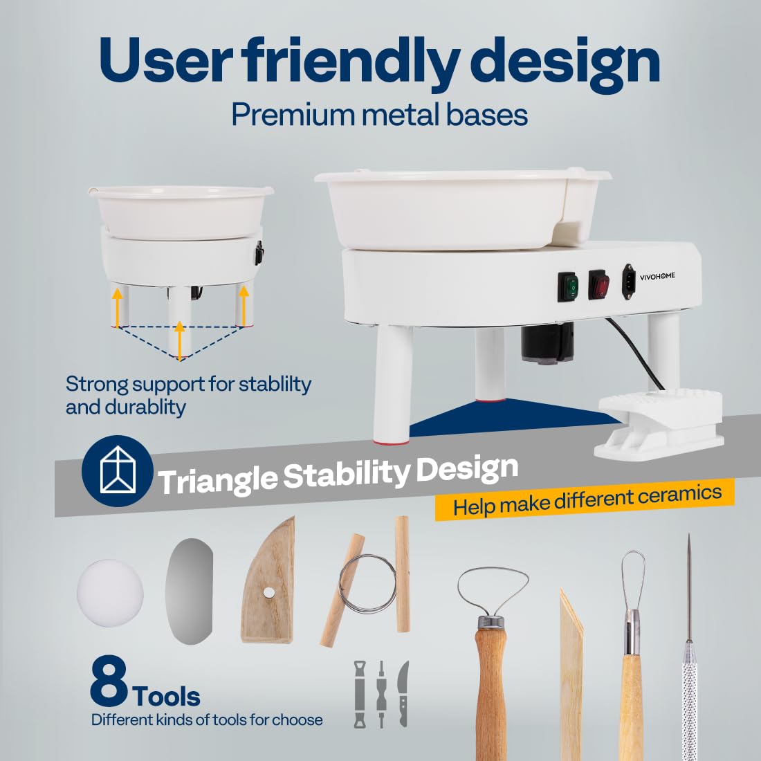 VIVOHOME 25CM Pottery Wheel Forming Machine 350W Electric DIY Clay Tool with Foot Pedal and Detachable Basin for Ceramic Work Art Craft White